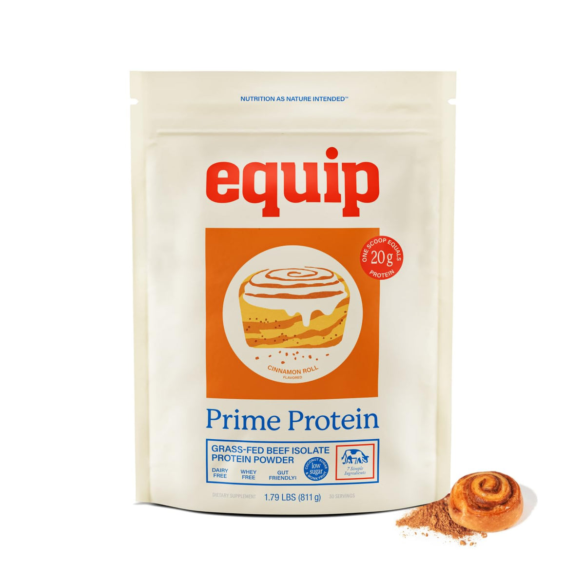 Equip Prime Protein cinnamon roll canister on counter for a protein-packed smoothie.