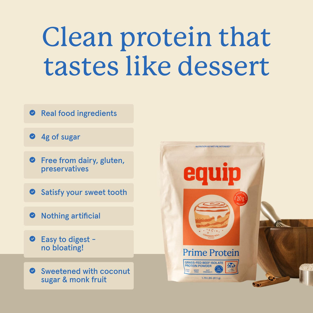 Pouring Prime Protein cinnamon-roll powder shows clean ingredients and smooth mix.