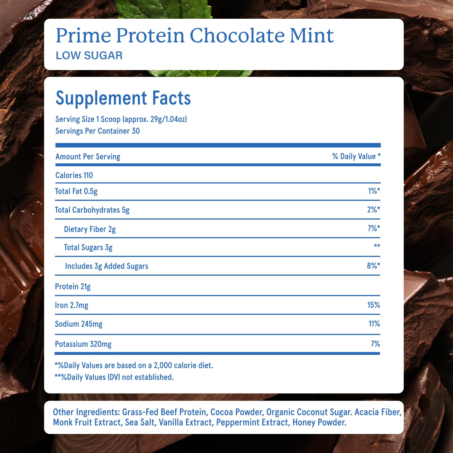 Ingredients list showing whole-food base and absence of common allergens