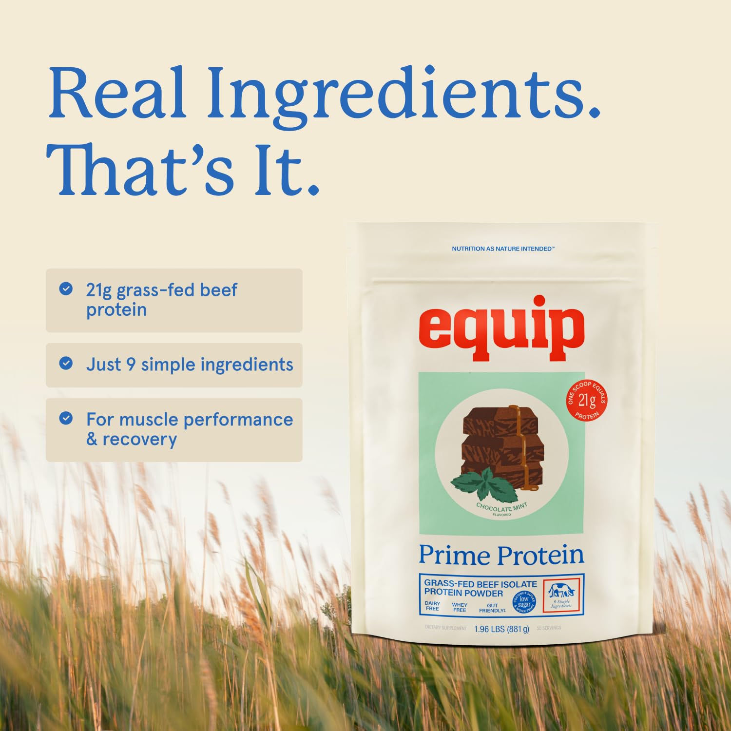Nutrition label of Prime Protein emphasizing high protein and clean ingredients