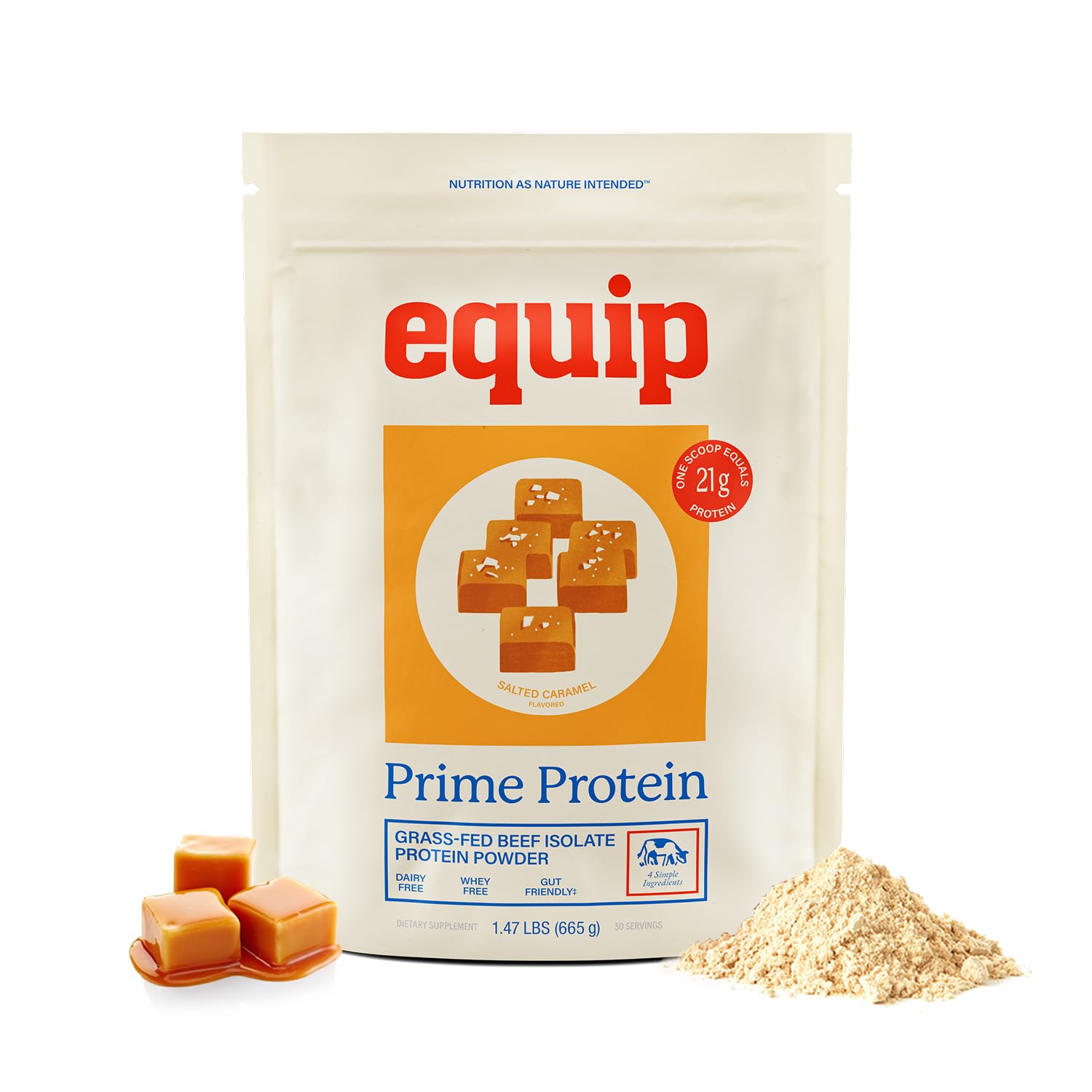 Equip Prime Protein Powder Salted Caramel bottle showing clean grass-fed protein for keto