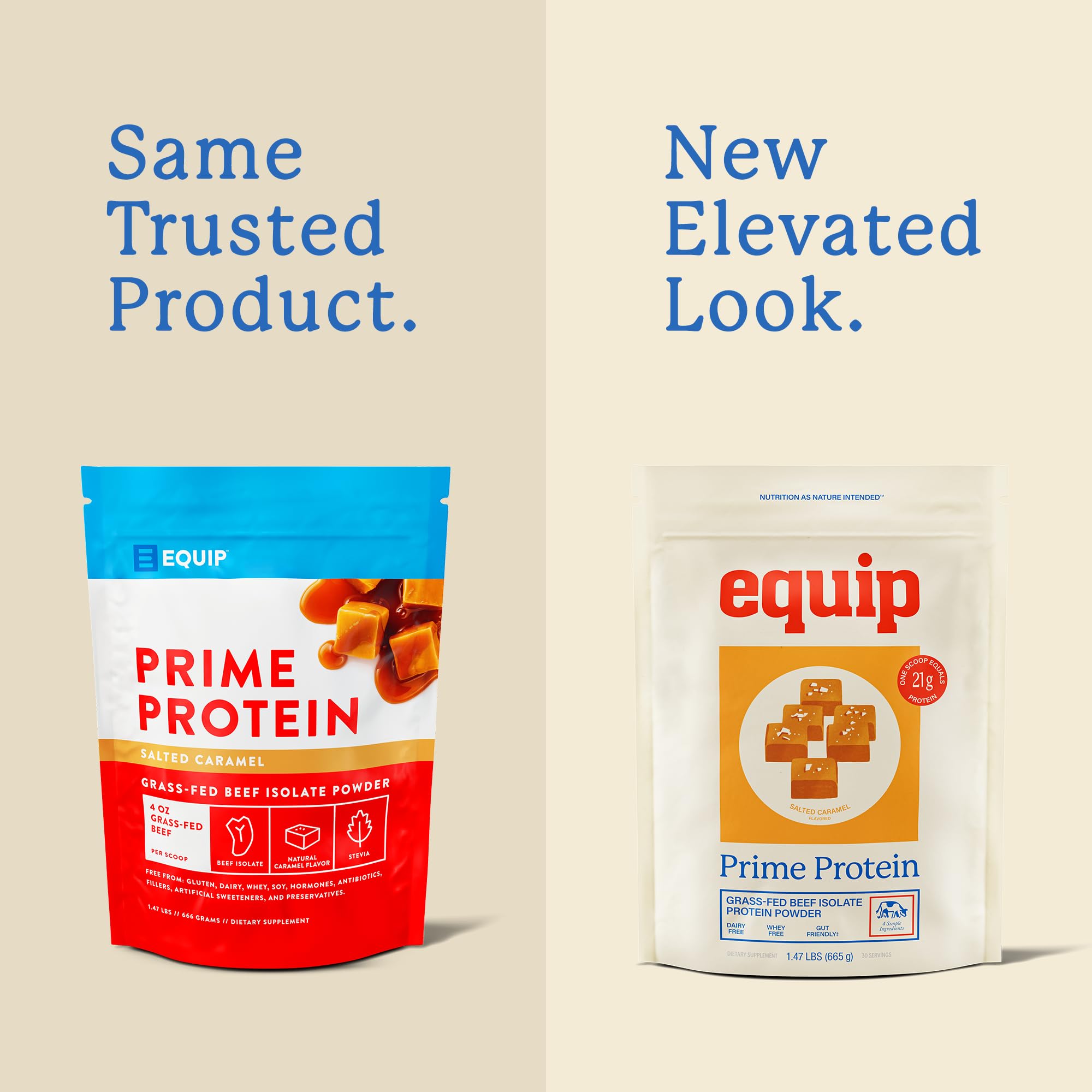 Equip Prime Protein Powder salted caramel shake with glass for post-workout fuel