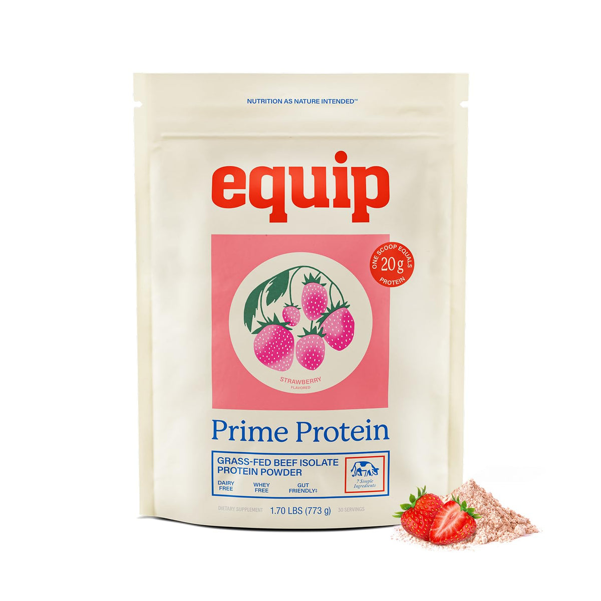 Equip Prime Protein Powder tub shows grass-fed beef protein for keto and paleo nutrition.