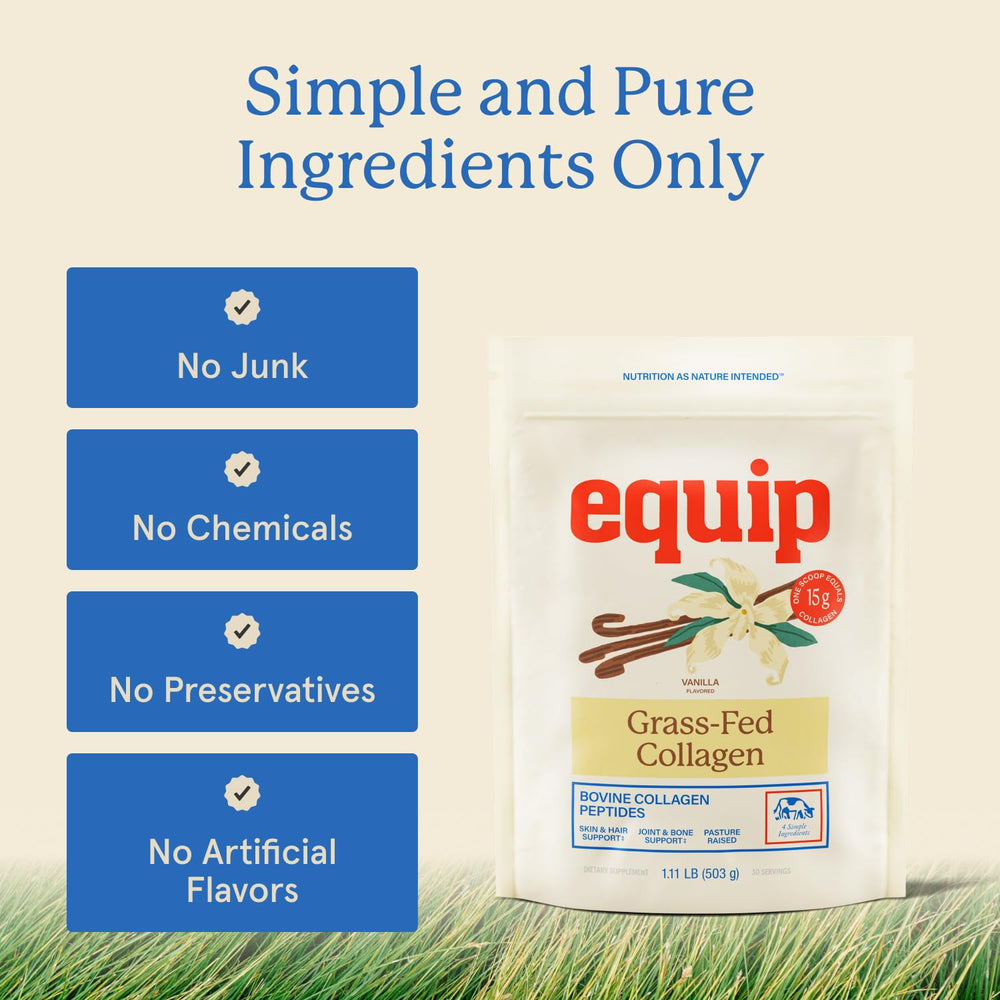 Equip Vanilla collagen powder tub side view showing paleo-friendly, non-GMO profile.