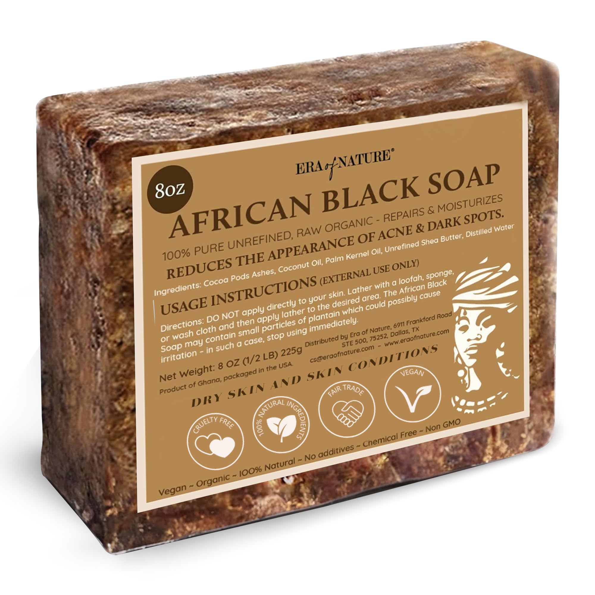 Era of Nature African Black Soap block 8oz for dry skin, pure ingredients.