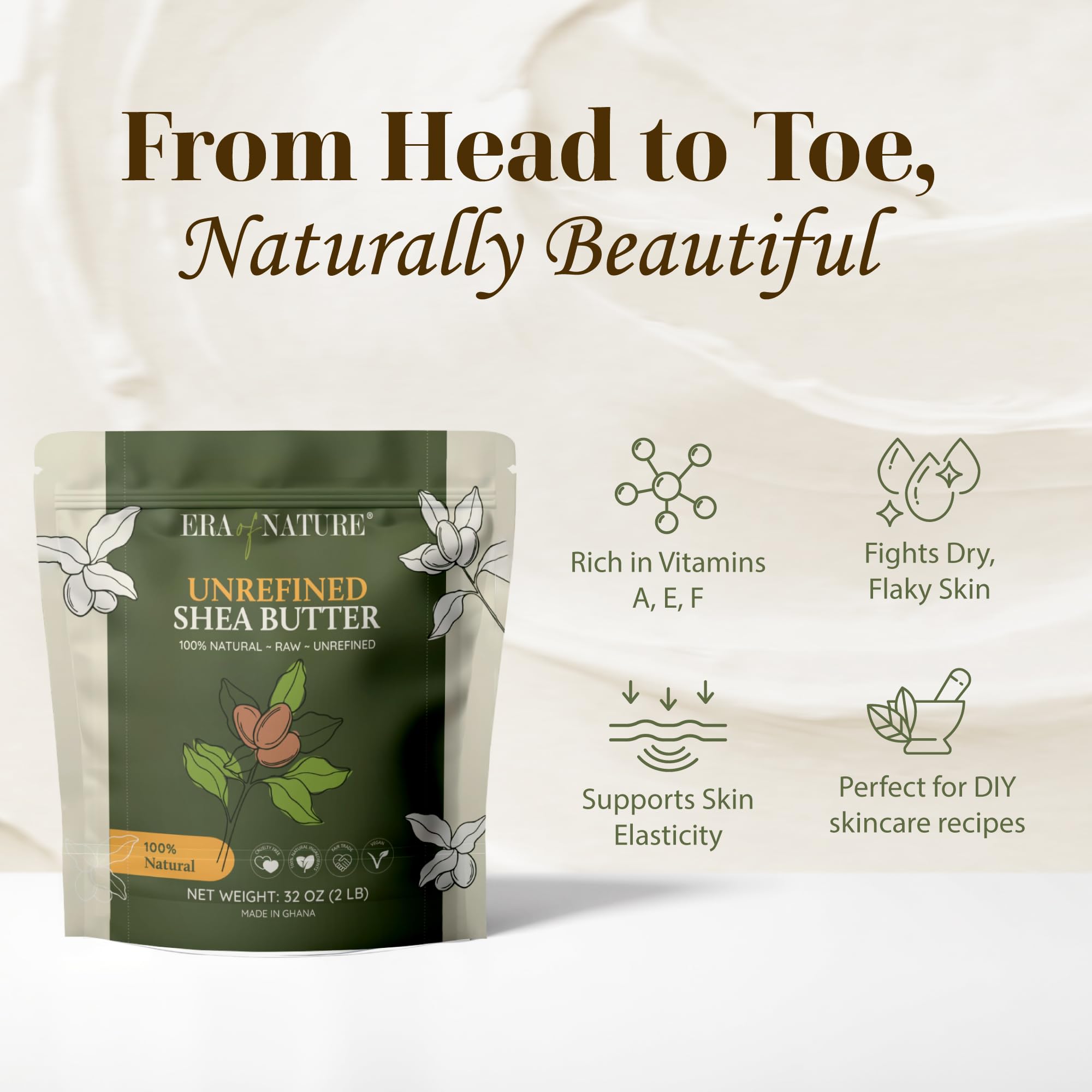 Era of Nature raw shea butter for soft, nourished hair and split-end repair.