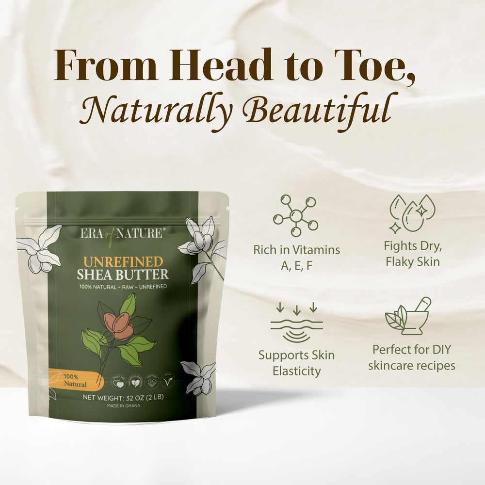 Era of Nature raw shea butter for soft, nourished hair and split-end repair.