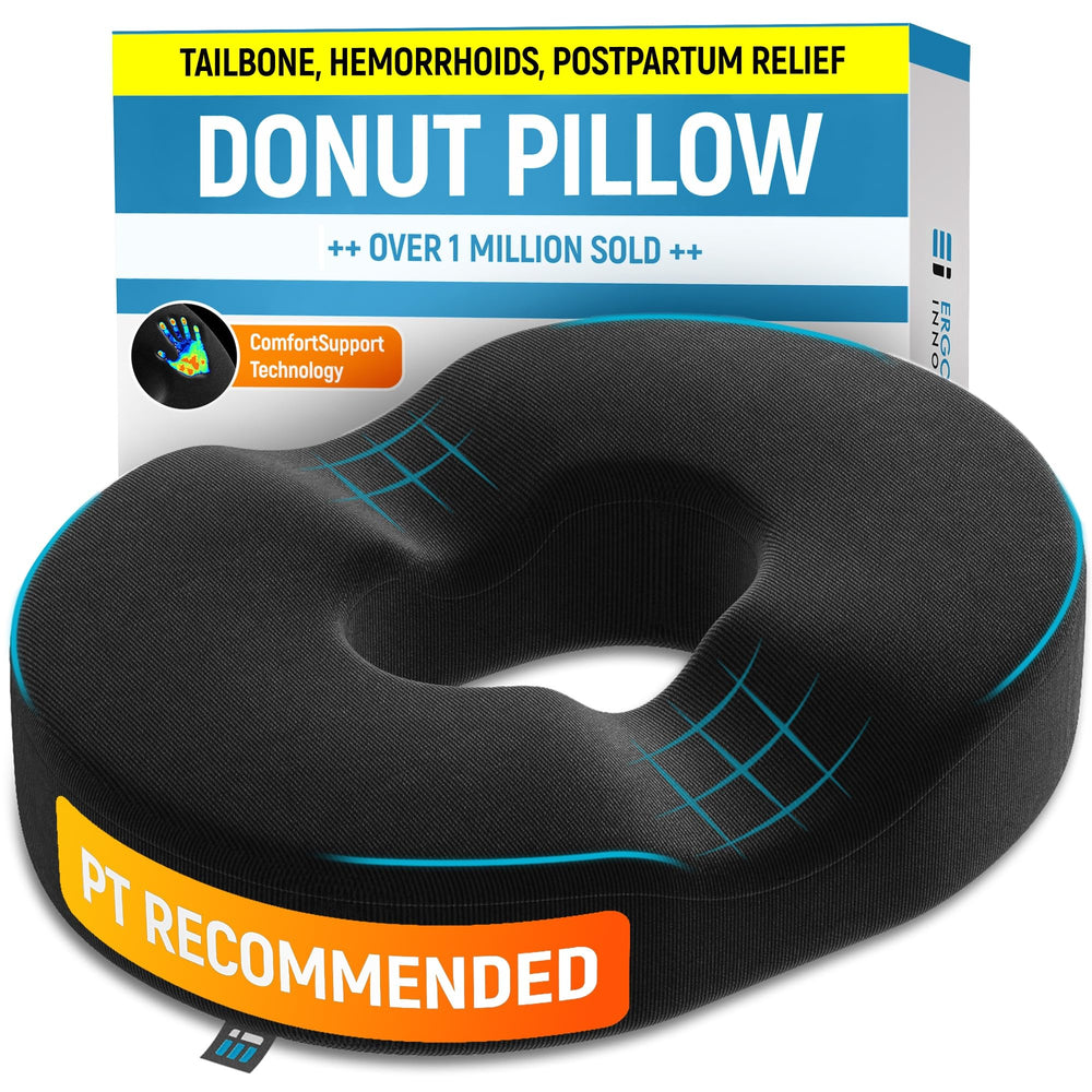 Ergonomic Innovations Donut Pillow delivers tailbone relief for extended seating comfort.