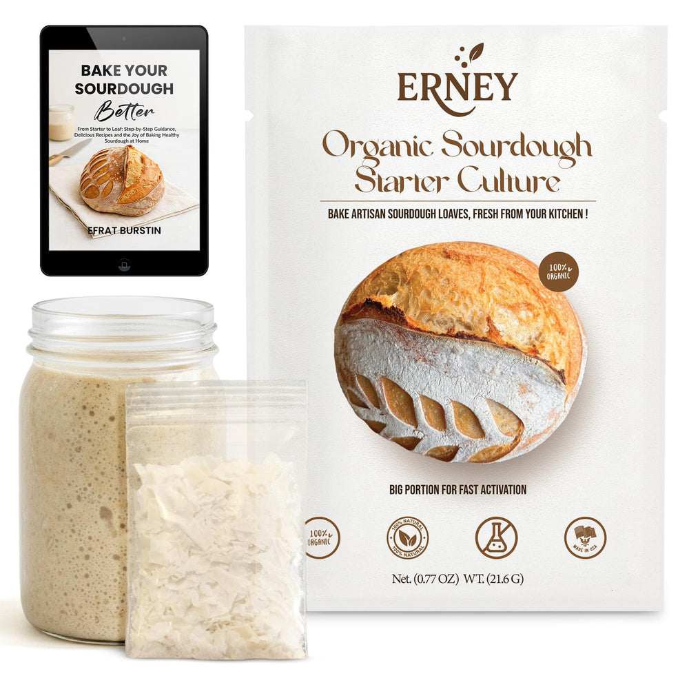 ERNEY Dehydrated Sourdough Starter packaging highlights organic ingredients for dependable bread