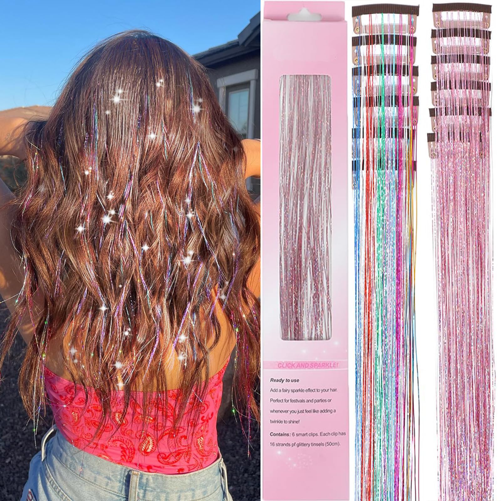 EROADE Hair Tinsel pink and multicolor close-up clip-in for instant sparkle
