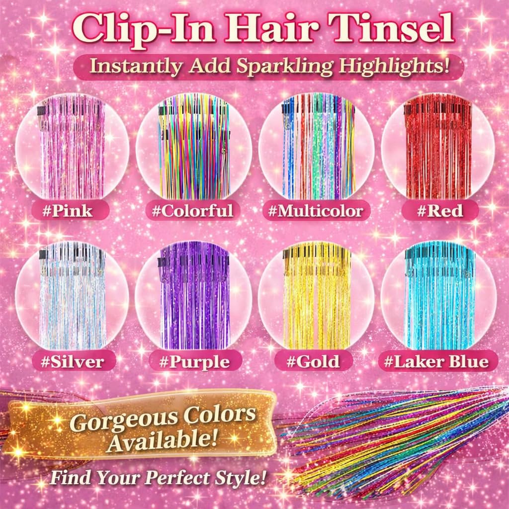 EROADE Hair Tinsel color collection laid out with pink silver gold blue purple