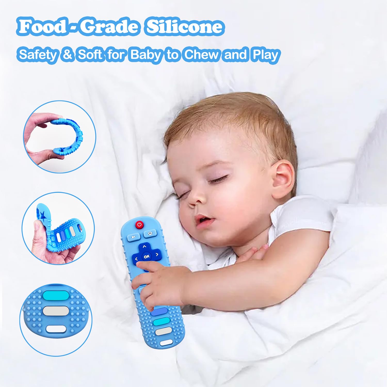 ERSIHUA remote-shaped teether blue, safe silicone for calming gums.