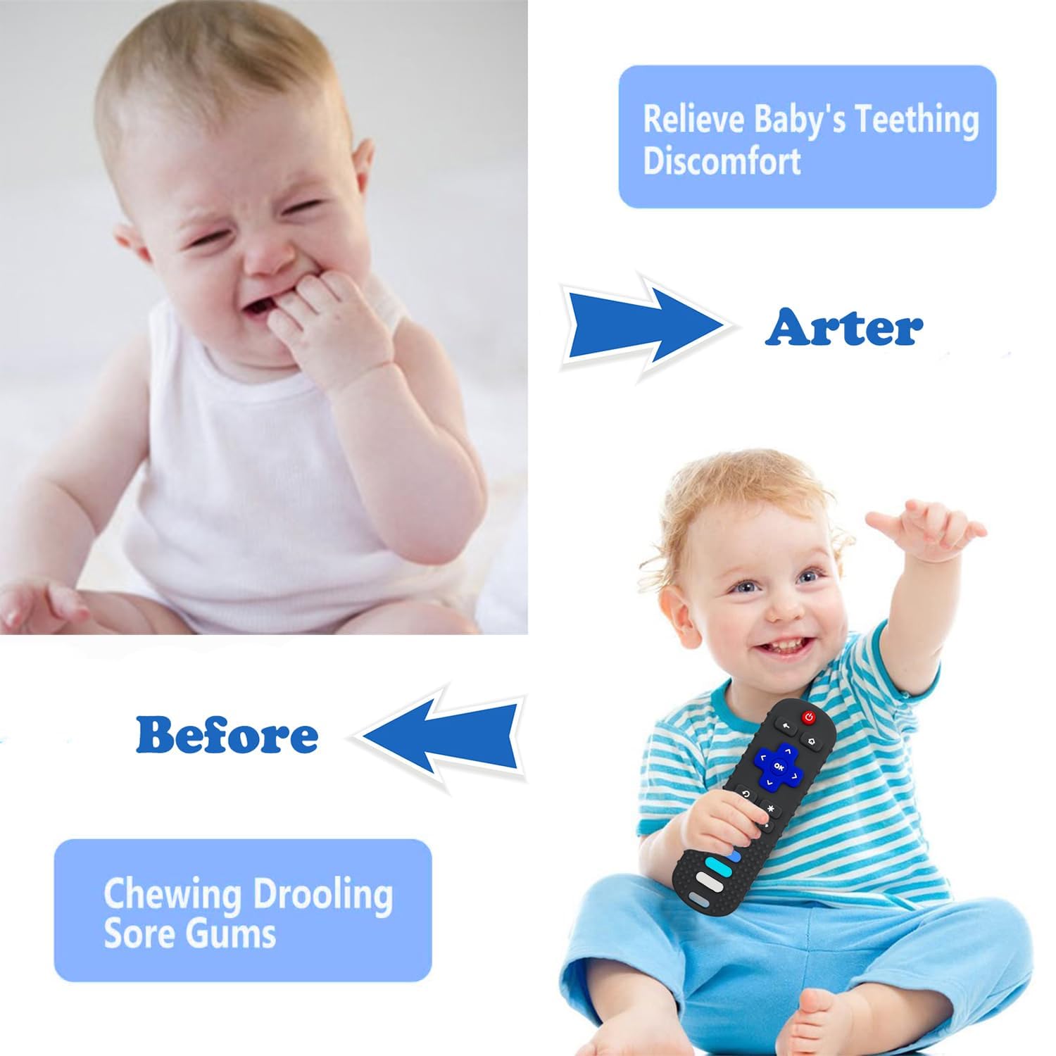ERSIHUA sensory development teether shown in a realistic remote shape.