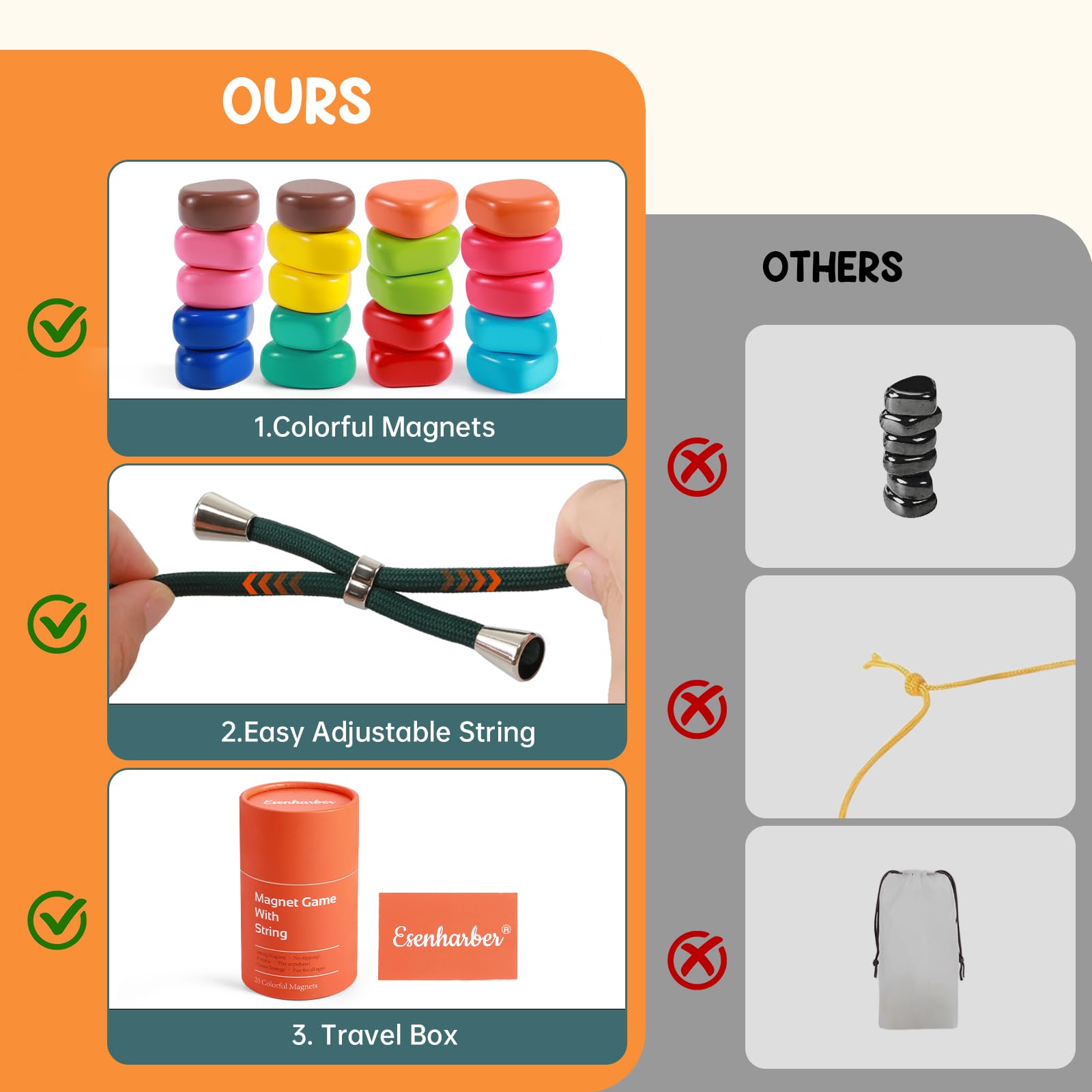 ESENHARBER magnets on surface demonstrate logic and problem-solving during play.