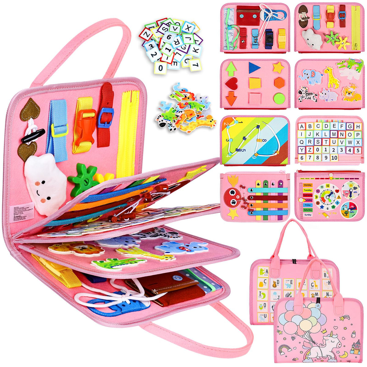 Esjay Busy Board eight-pages activities promote fine motor skills and imaginative play.
