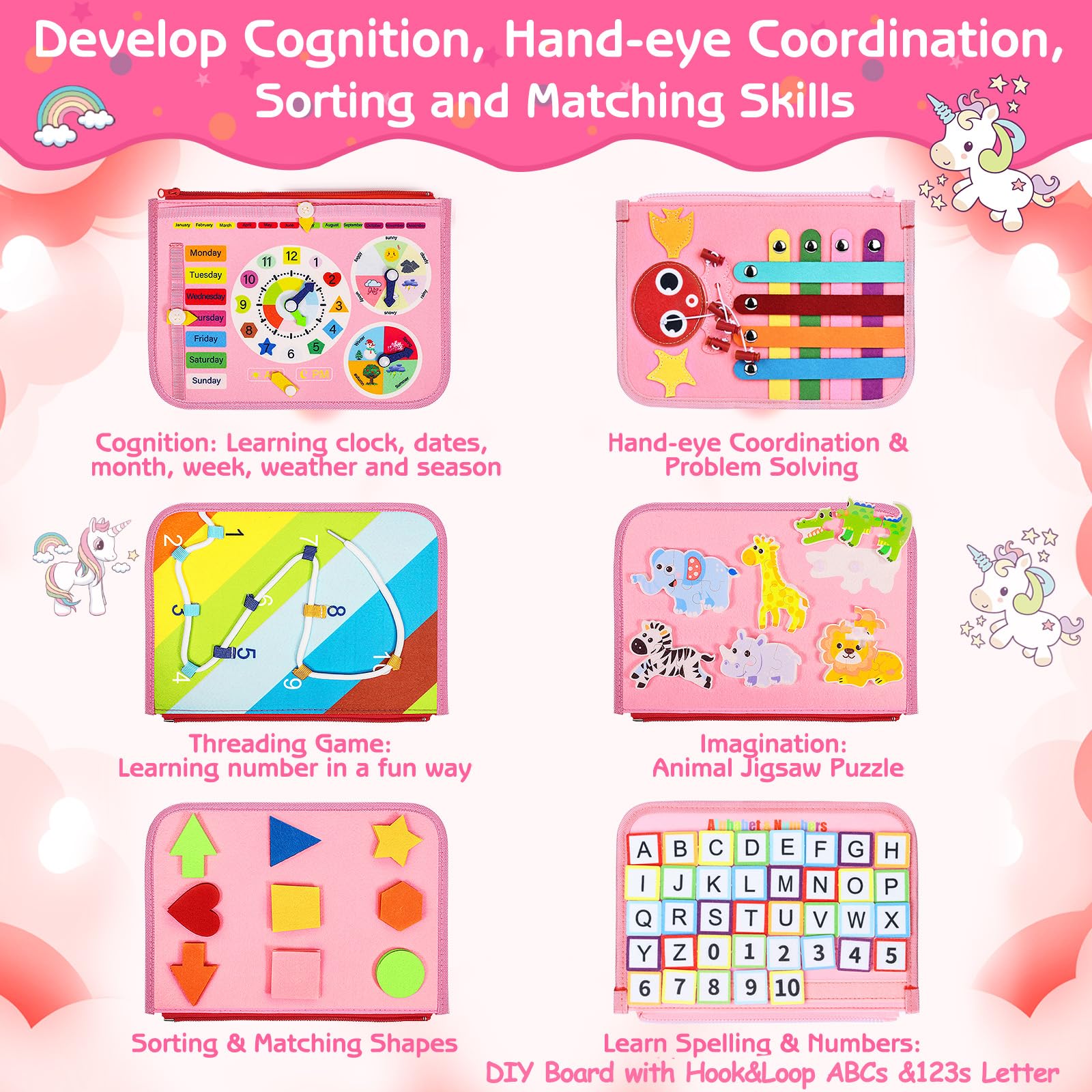 Esjay Busy Board zipper-and-button pages support practical dressing and fine motor tasks.