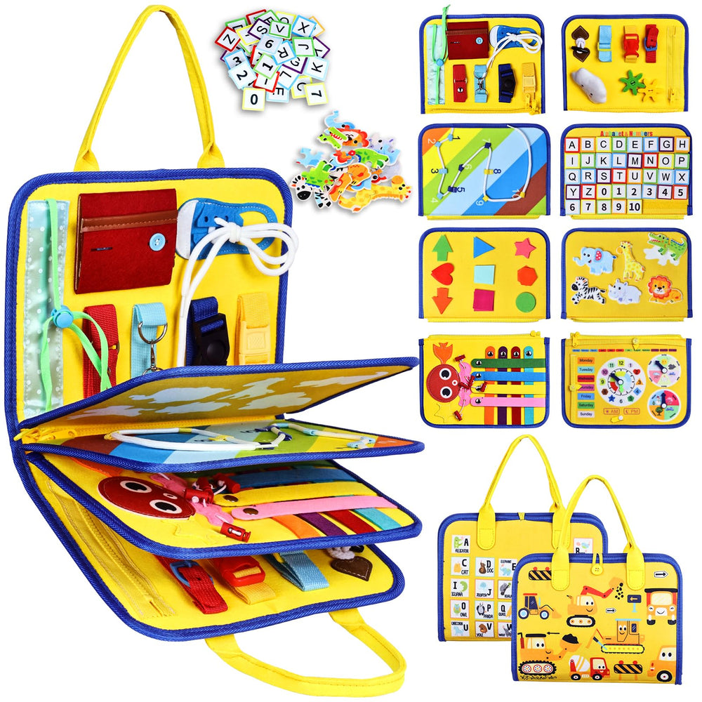 Esjay toddler busy board eight-page layout for hands-on exploration and fine motor practice