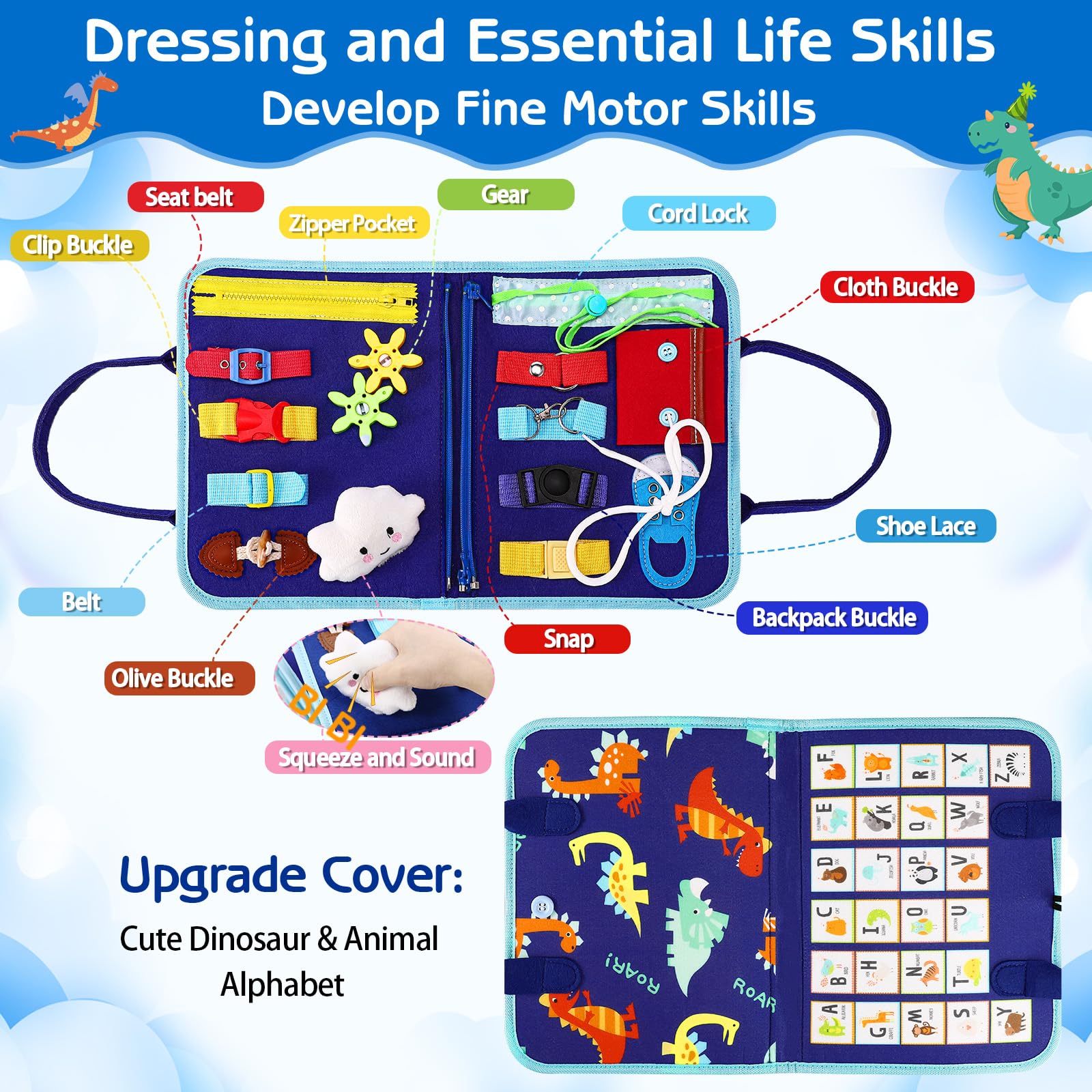 Esjay Busy Board dinosaur-pattern cover boosts imaginative play and tactile engagement