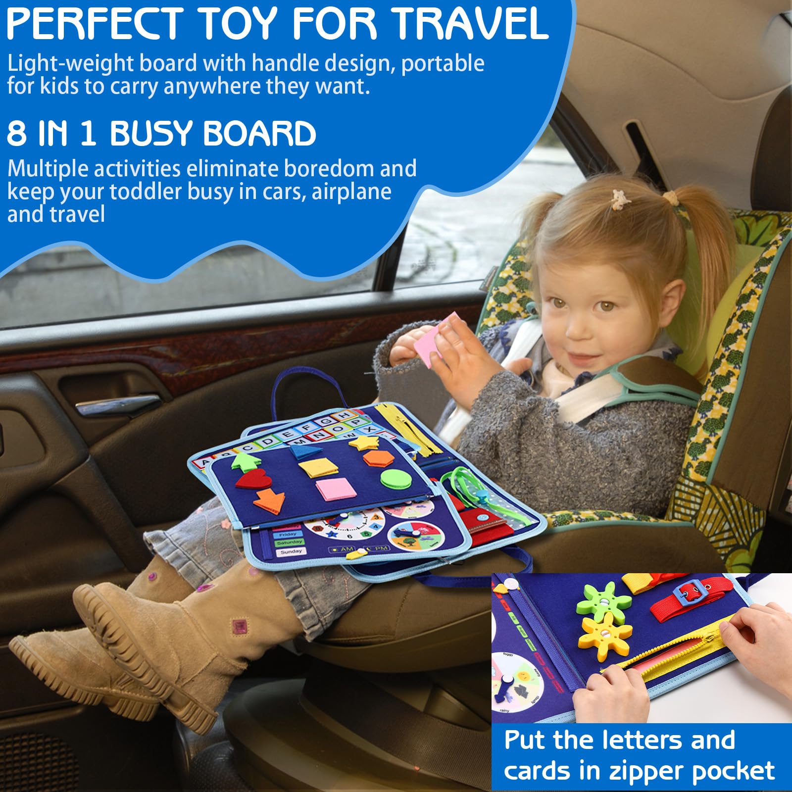 Esjay Busy Board travel-handle enables quiet play on the go