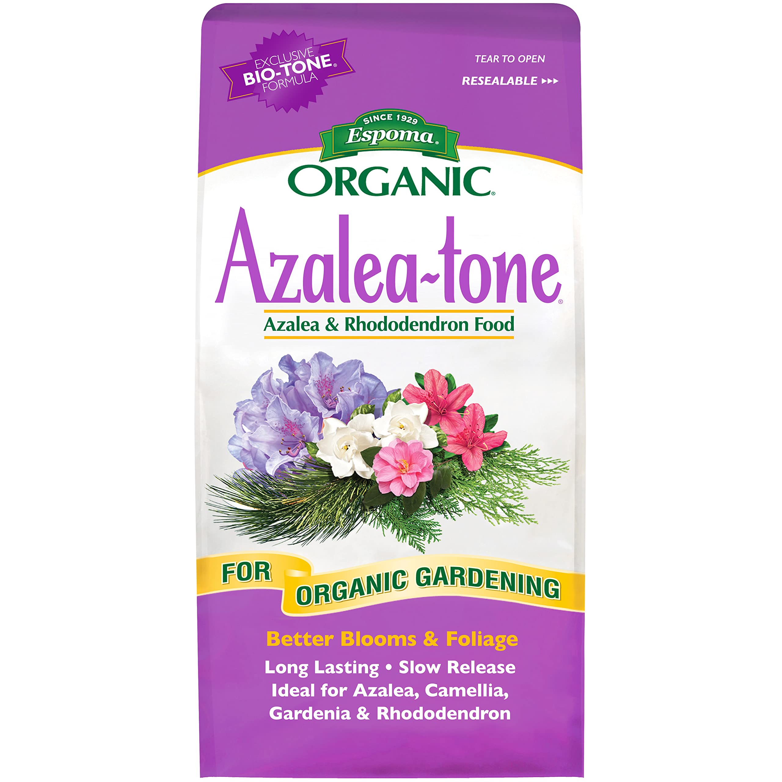 Espoma Azalea-Tone 4-3-4 bag front showing ready-to-use organic fertilizer for flowering evergreens and spring feeding.