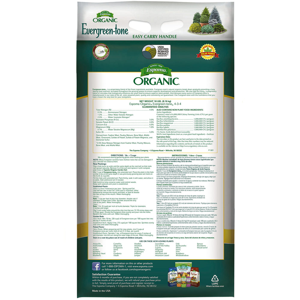 Espoma Evergreen-Tone being applied to evergreens for balanced nutrition.