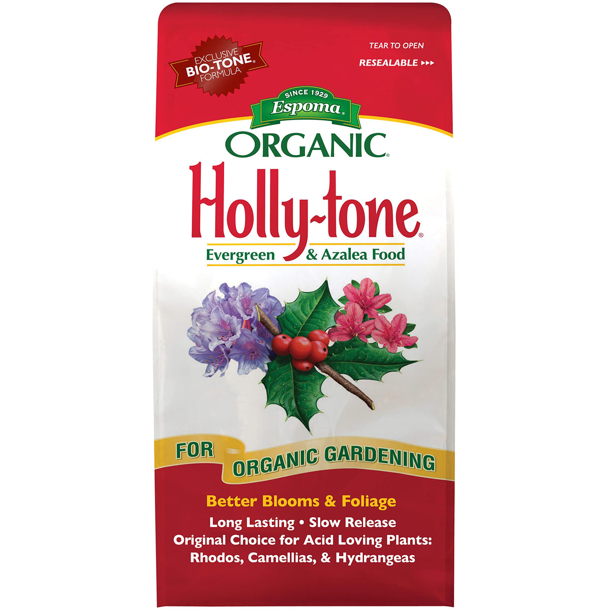 Espoma Holly-Tone 4-lb bag delivers slow-release nutrients for acid-loving plants.