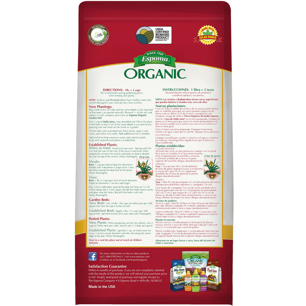 Espoma Holly-Tone organic formula boosts soil for azaleas, hydrangeas, and rhododendrons.