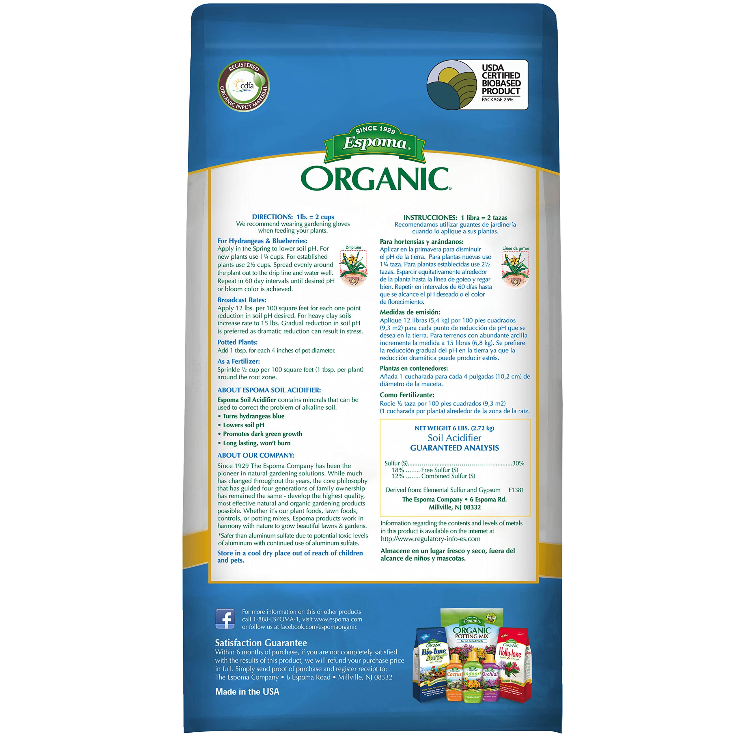 Espoma Soil Acidifier bottle pouring to boost growth and blue hydrangea blooms.