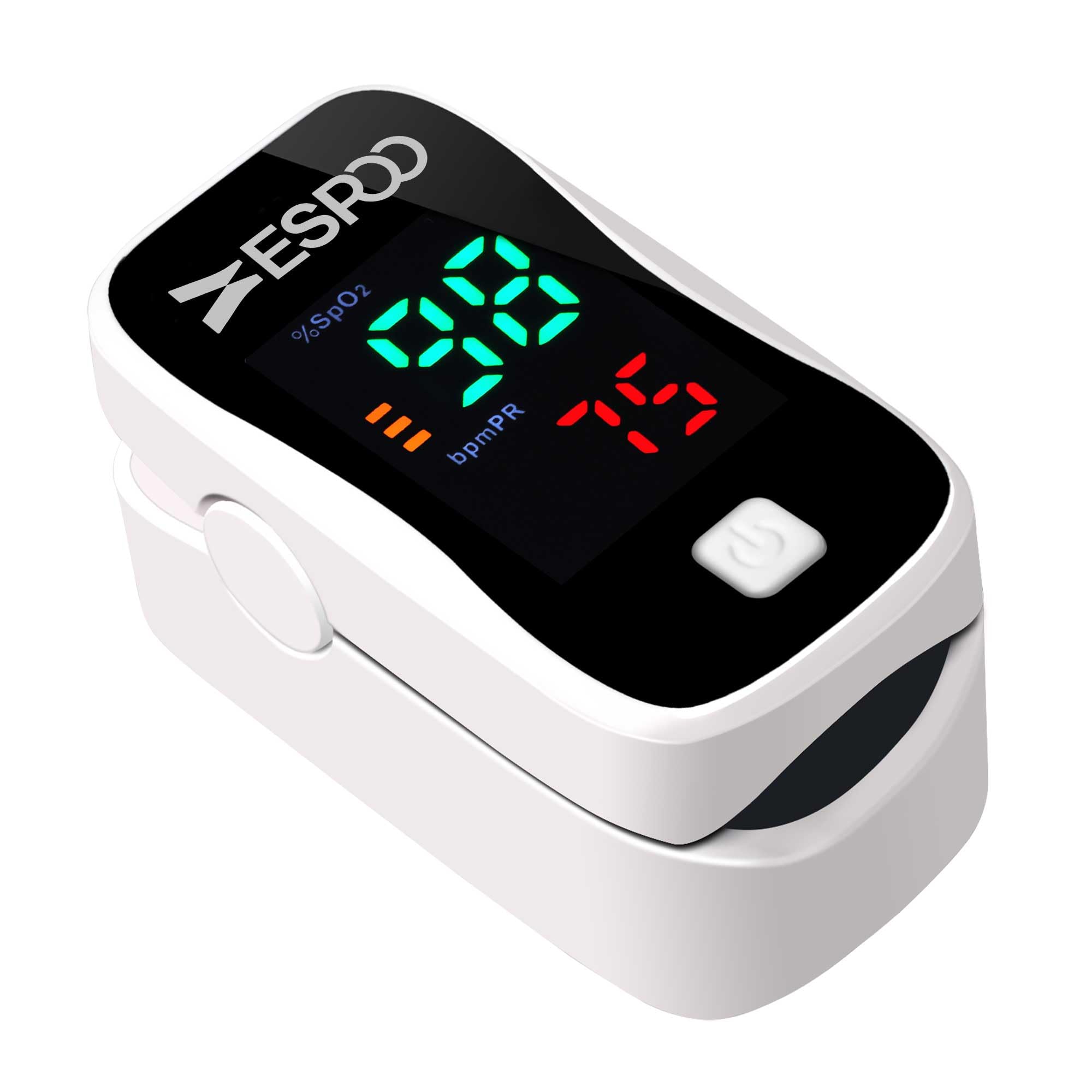 ESPOO fingertip pulse oximeter display for quick SpO2 and pulse readings during workouts.