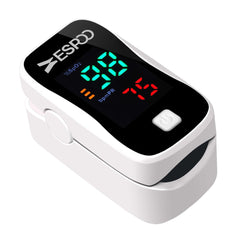 ESPOO fingertip pulse oximeter display for quick SpO2 and pulse readings during workouts.
