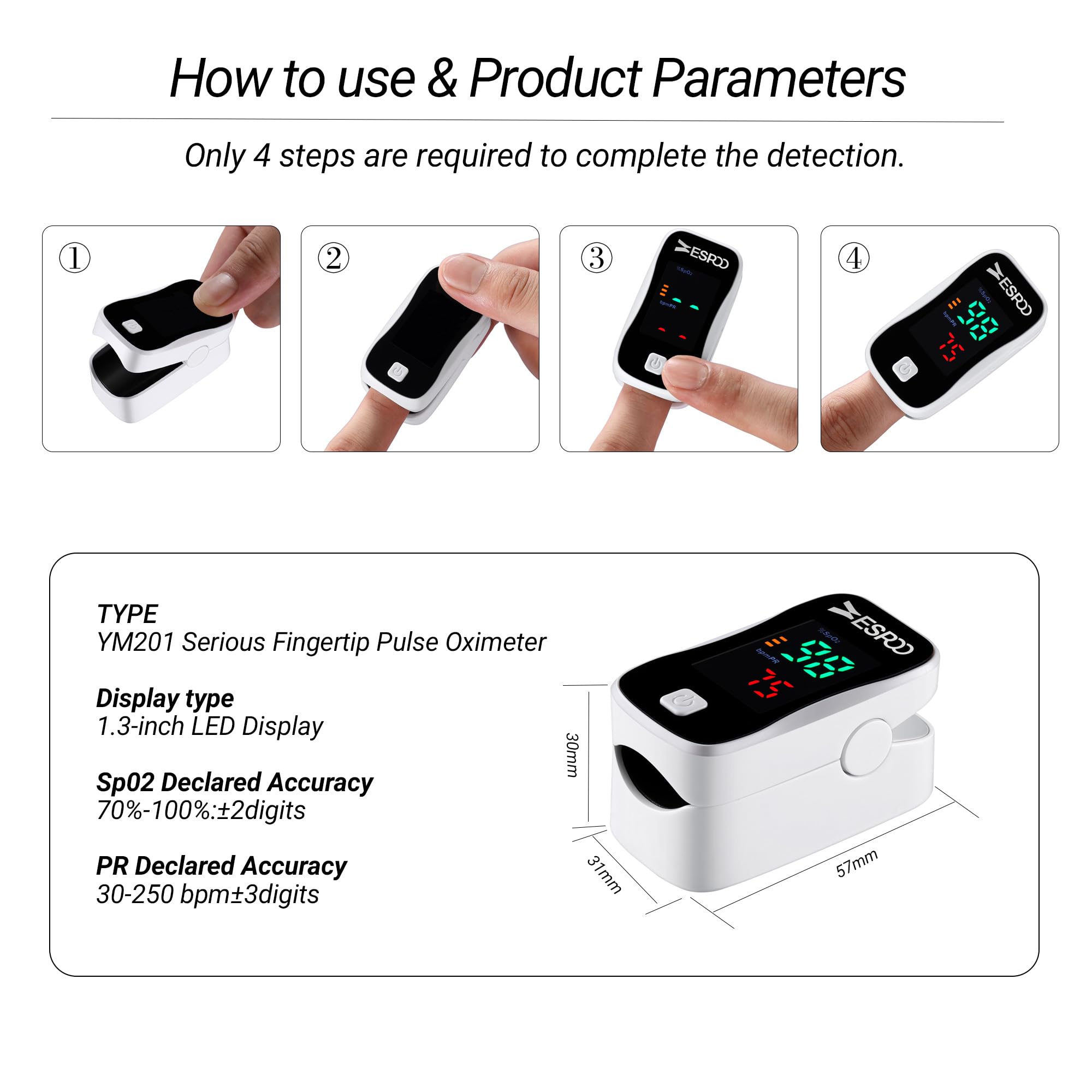 ESPOO silicone finger chamber ensures comfortable, stable readings across finger sizes.