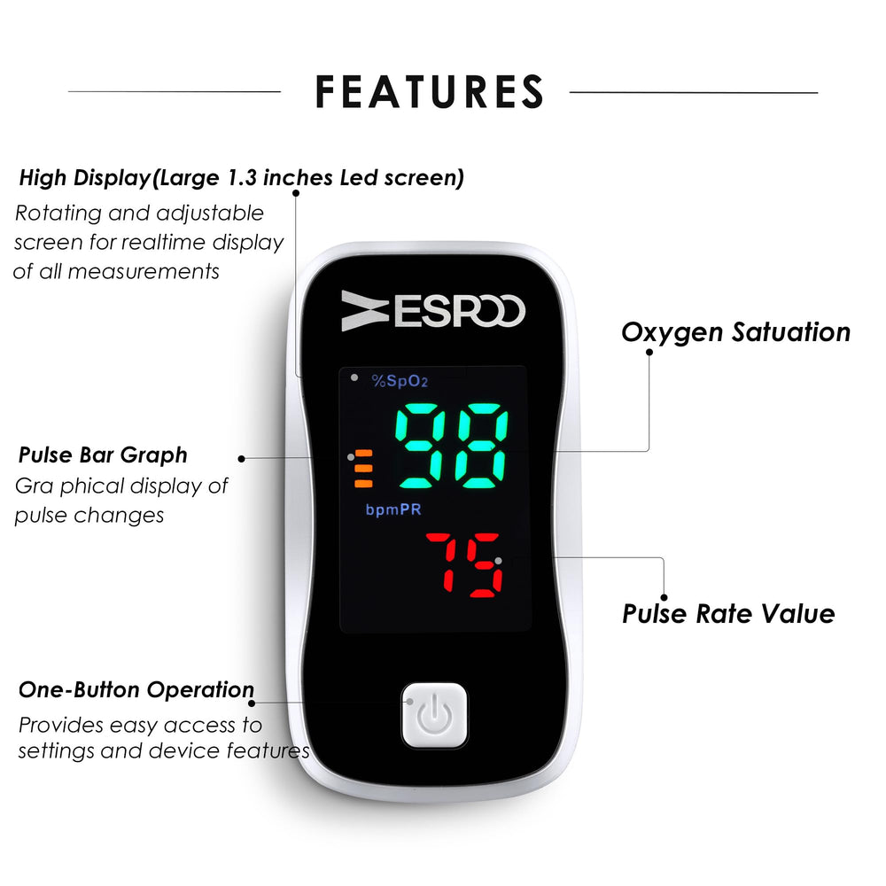 ESPOO spo2 saturation reading clearly shows oxygen levels for travel and daily wellness.