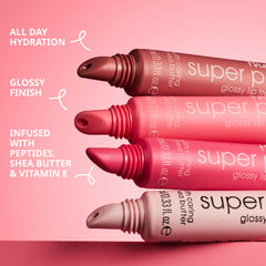 Close-up of nourishing gloss on lips showing smooth, luminous finish.