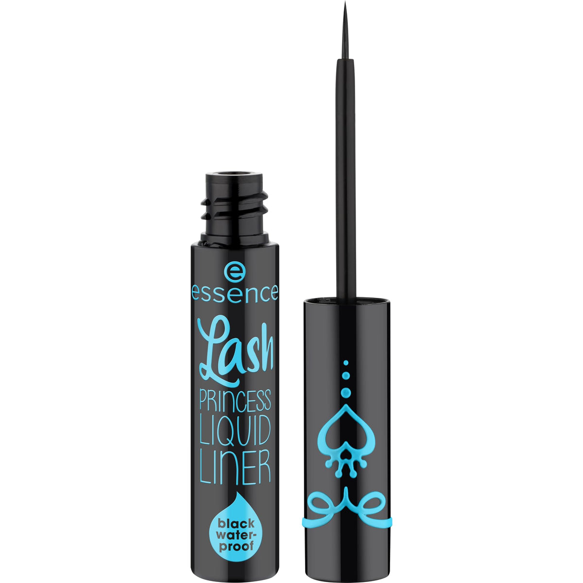 essence Lash Princess Liquid Liner black bottle with ultra-fine brush for precise lines.