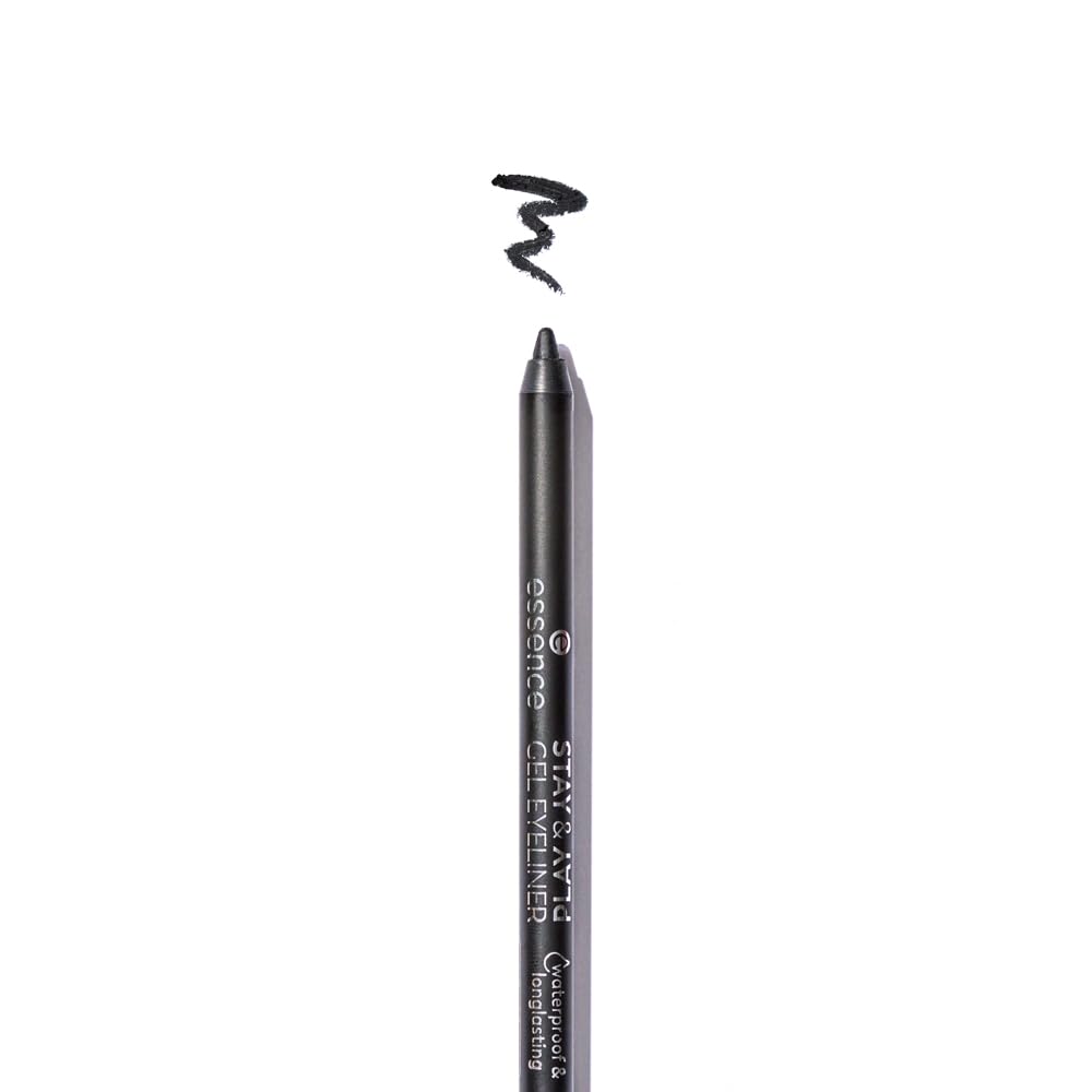 Essence Stay & Play Gel Eyeliner 01 Black Raven pencil close-up for bold definition.