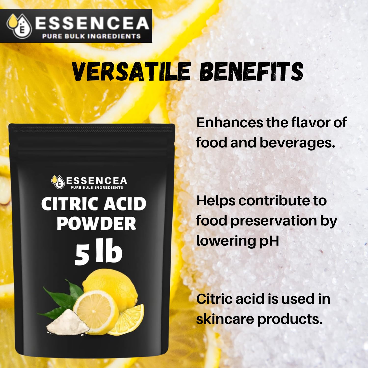 Essencea Citric Acid 5lb powder on display for bulk shopping.