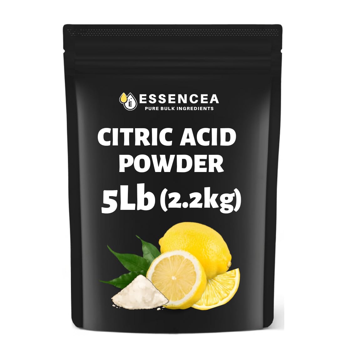 Essencea Citric Acid 5lb powder in a resealable pouch for freshness and bulk convenience.