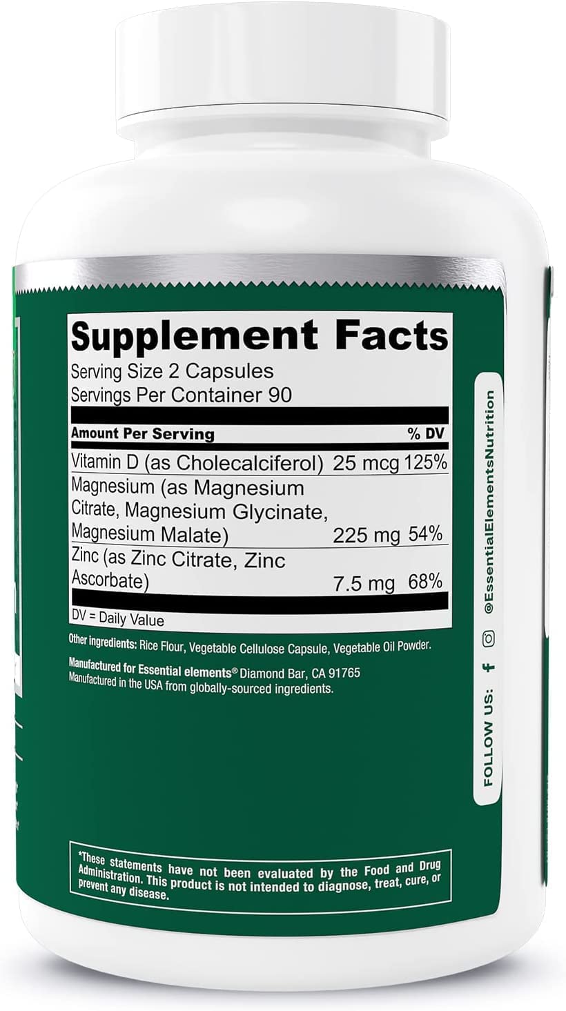 Science graphic illustrating Essential Elements Magnesium Plus Zinc D3 nutrient synergy