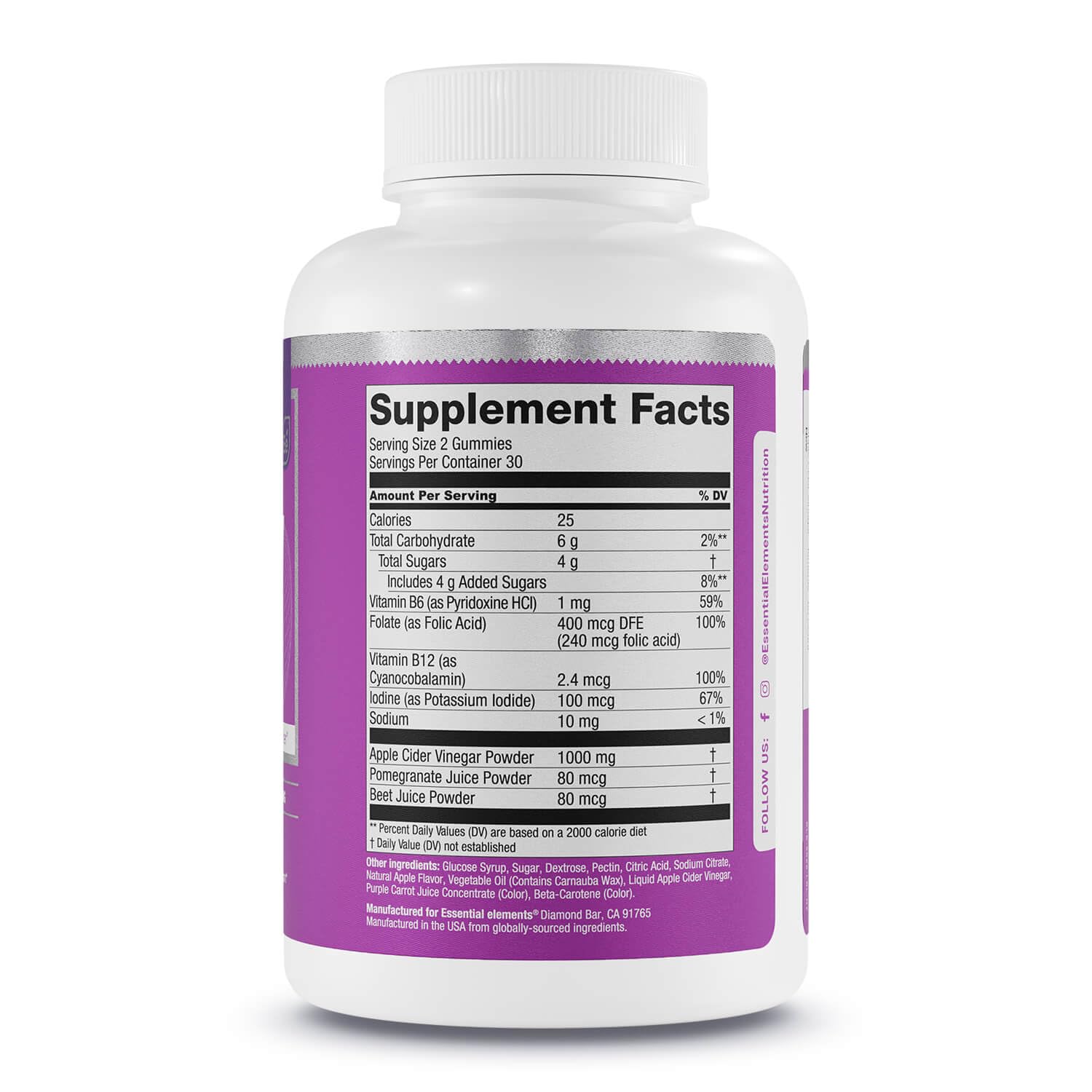 Essential Elements gummies packaged in USA-made bottle with clear labeling.
