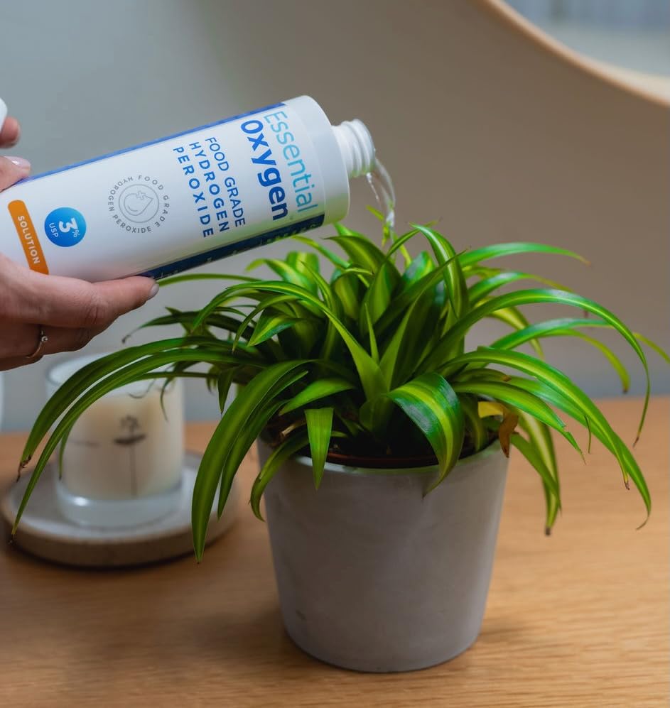 Essential Oxygen bottle shown cleaning bathroom surfaces and sinks.