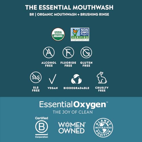 Pouring Essential Oxygen Brushing Rinse signals easy morning mouthcare routine.