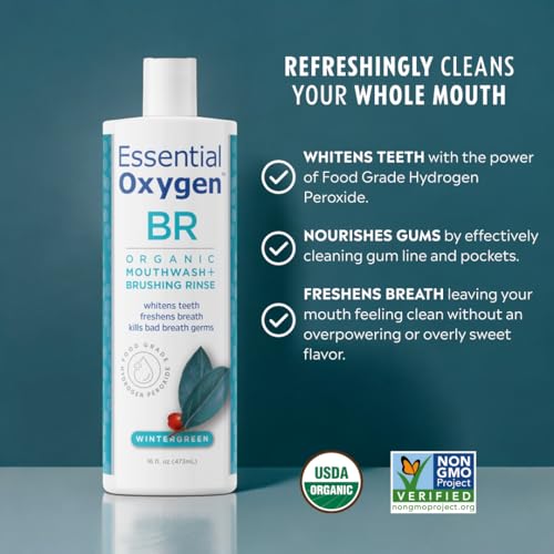 Essential Oxygen Brushing Rinse close-up highlights organic oils for a clean mouth.