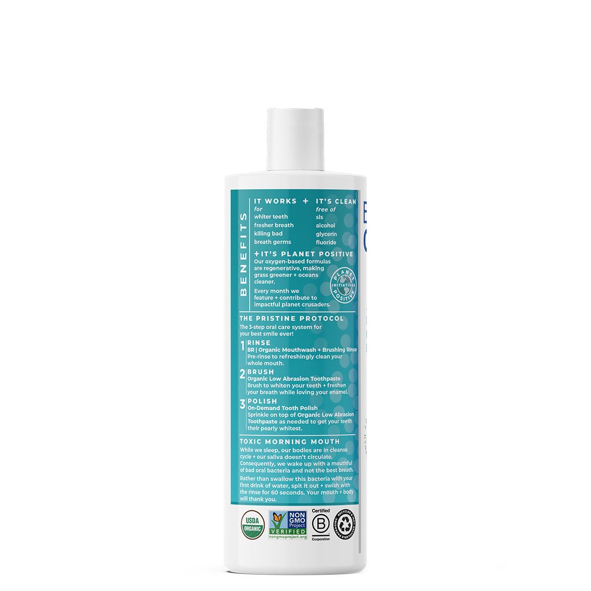 Essential Oxygen Brushing Rinse label emphasizes alcohol-free and fluoride-free formula.