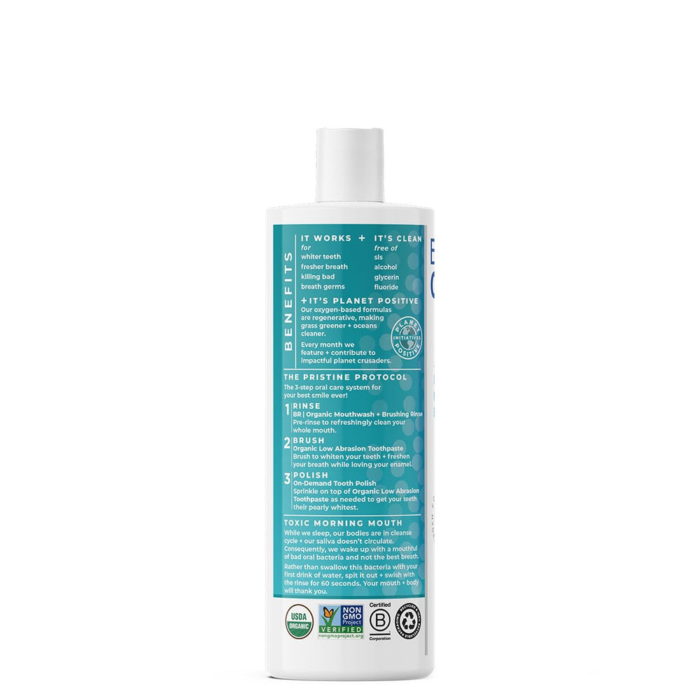 Essential Oxygen Brushing Rinse label emphasizes alcohol-free and fluoride-free formula.