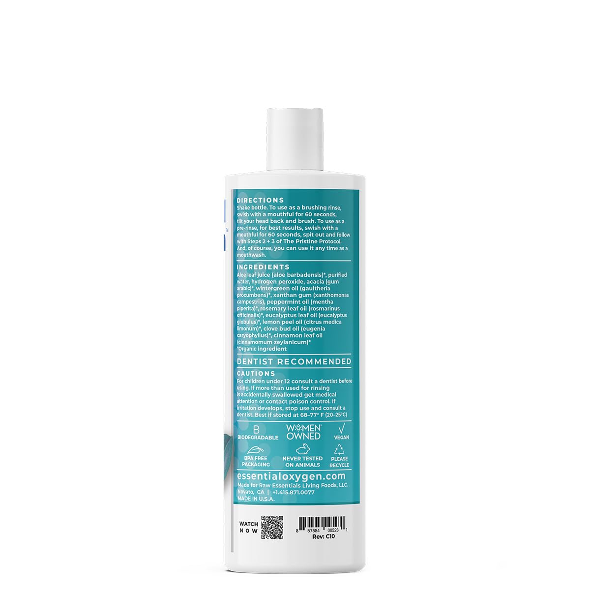 Packaging of Essential Oxygen Brushing Rinse demonstrates planet-positive and vegan credentials.