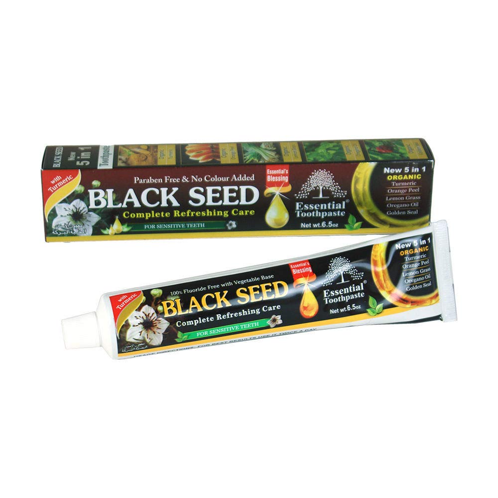 Essential Palace Organic Black Seed Toothpaste bottle shows fluoride-free formula for sensitive teeth.