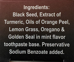 Essential Palace Organic Black Seed Toothpaste packaging closeup highlights natural ingredients for daily freshness.