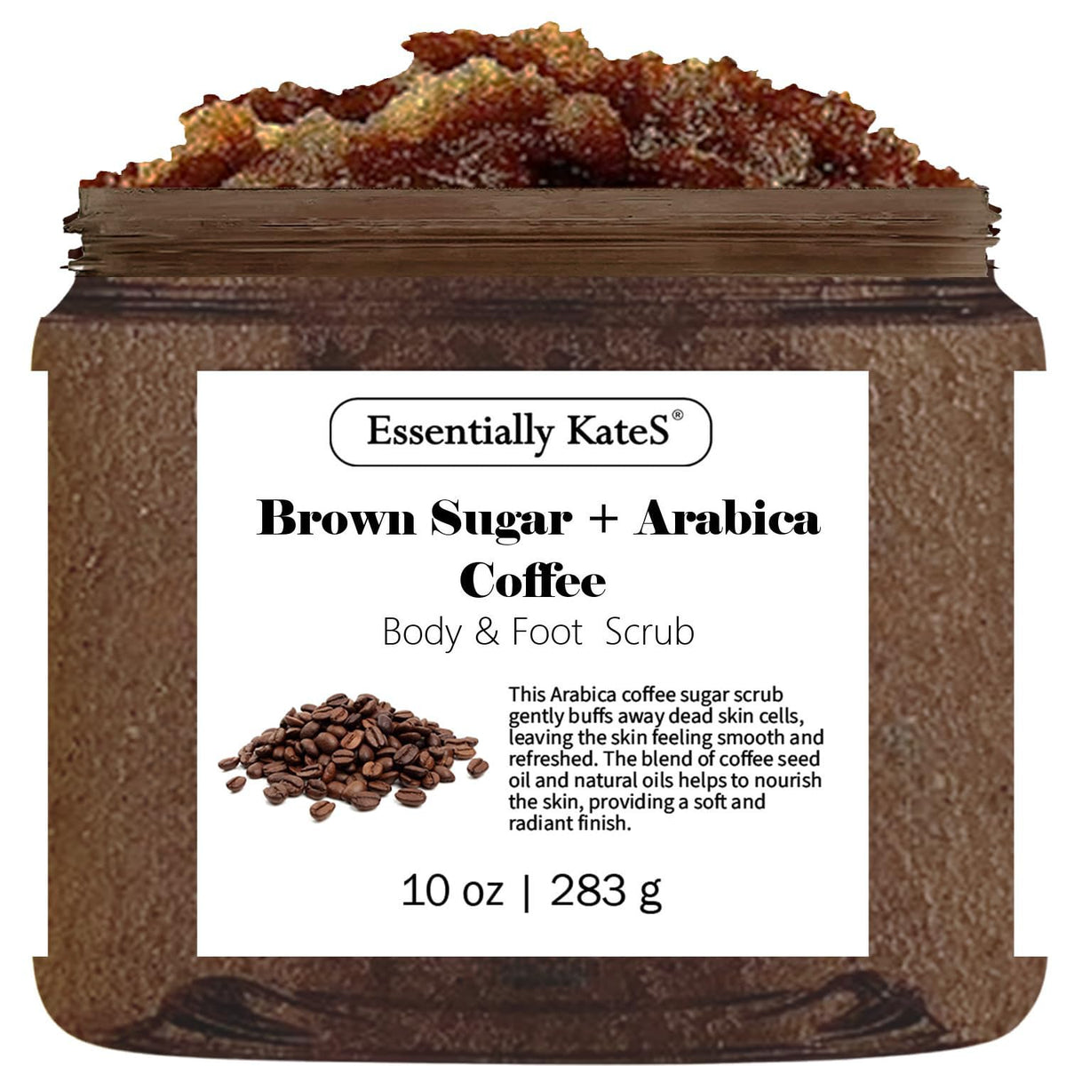 Essentially KateS Brown Sugar & Arabica Scrub bottle highlights exfoliation for radiant skin.