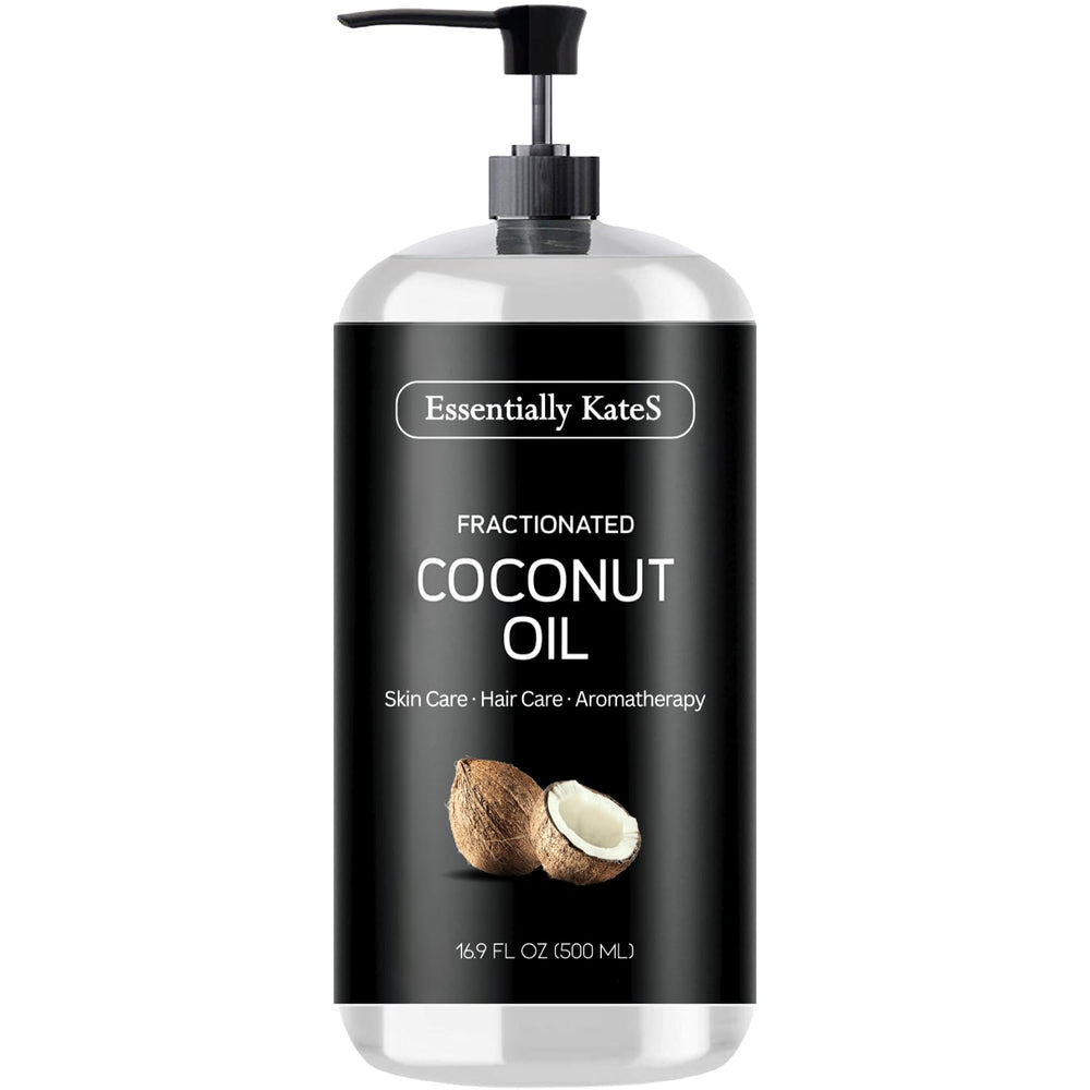 Essentially KateS fractionated coconut oil bottle clear unscented moisturizer for skin and hair.