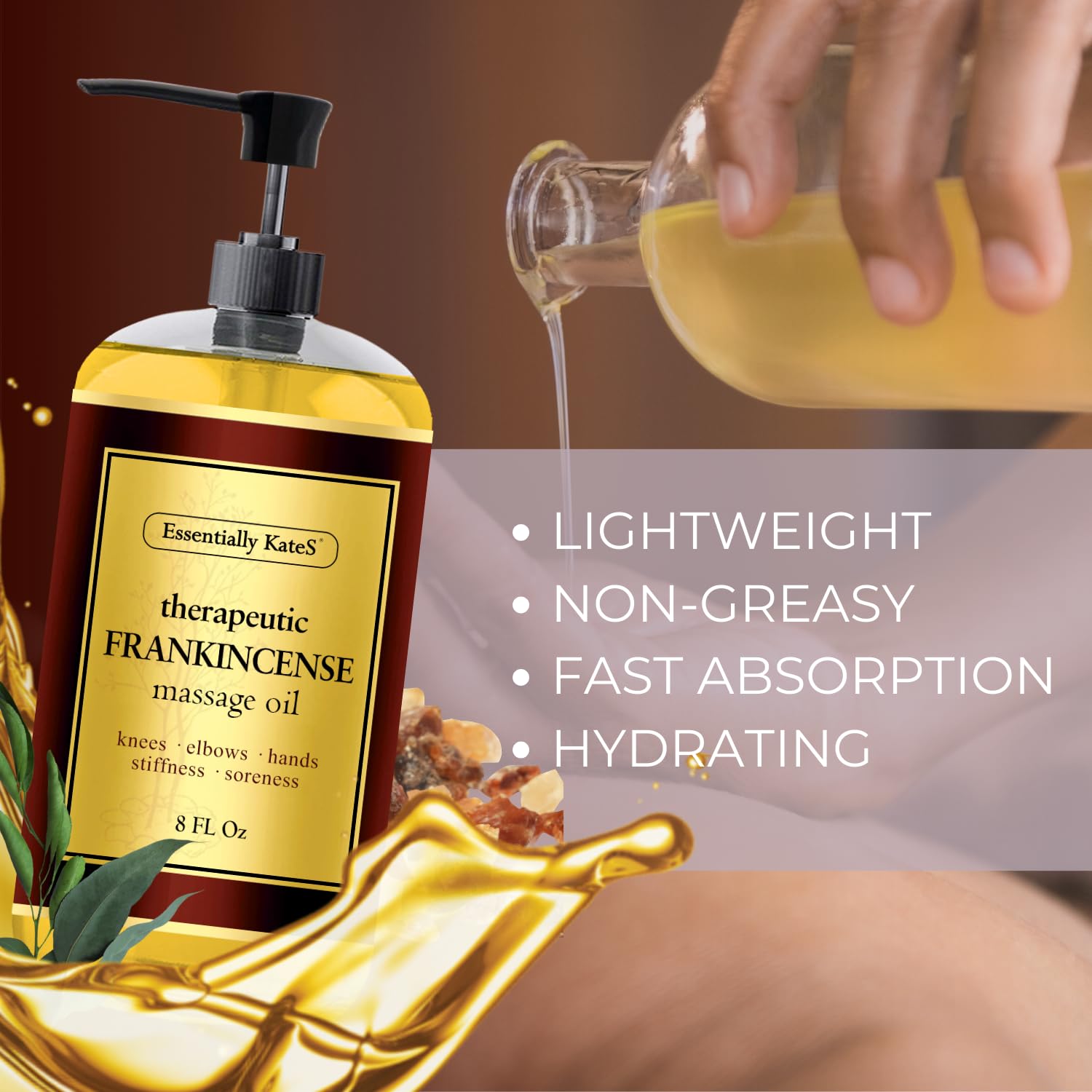 Essentially KateS Frankincense Massage Oil close-up ingredients showcases natural emollients.